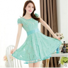 高端2015夏装新款修身淑坊女女装蕾丝短袖复古森女连衣裙装
